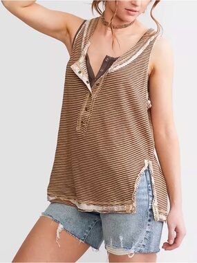 We The Free Love Language Brown Striped Tank Top Xsmall